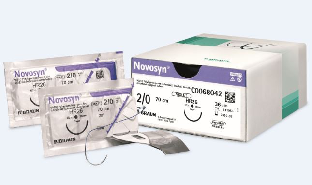 NOVOSYN фіолетовий, розмір USP 0(3,5) довжина 90CM, колюча голка з коротким ріжучим вістрям, 1/2 кола, довжина (мм) 37, особливо посилена голка, пакування DDP